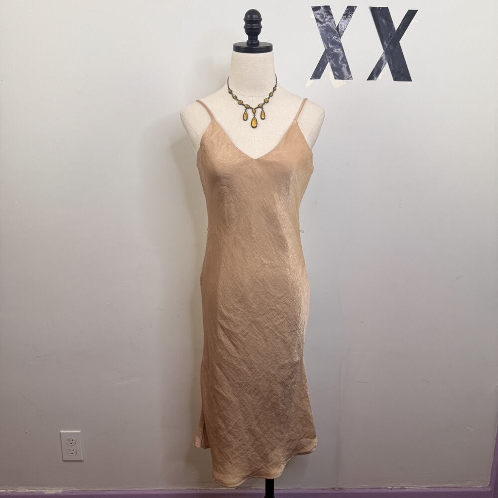 Champagne Gold Satin Bias-Cut Slip Dress Midi Lined Minimal Luxe S